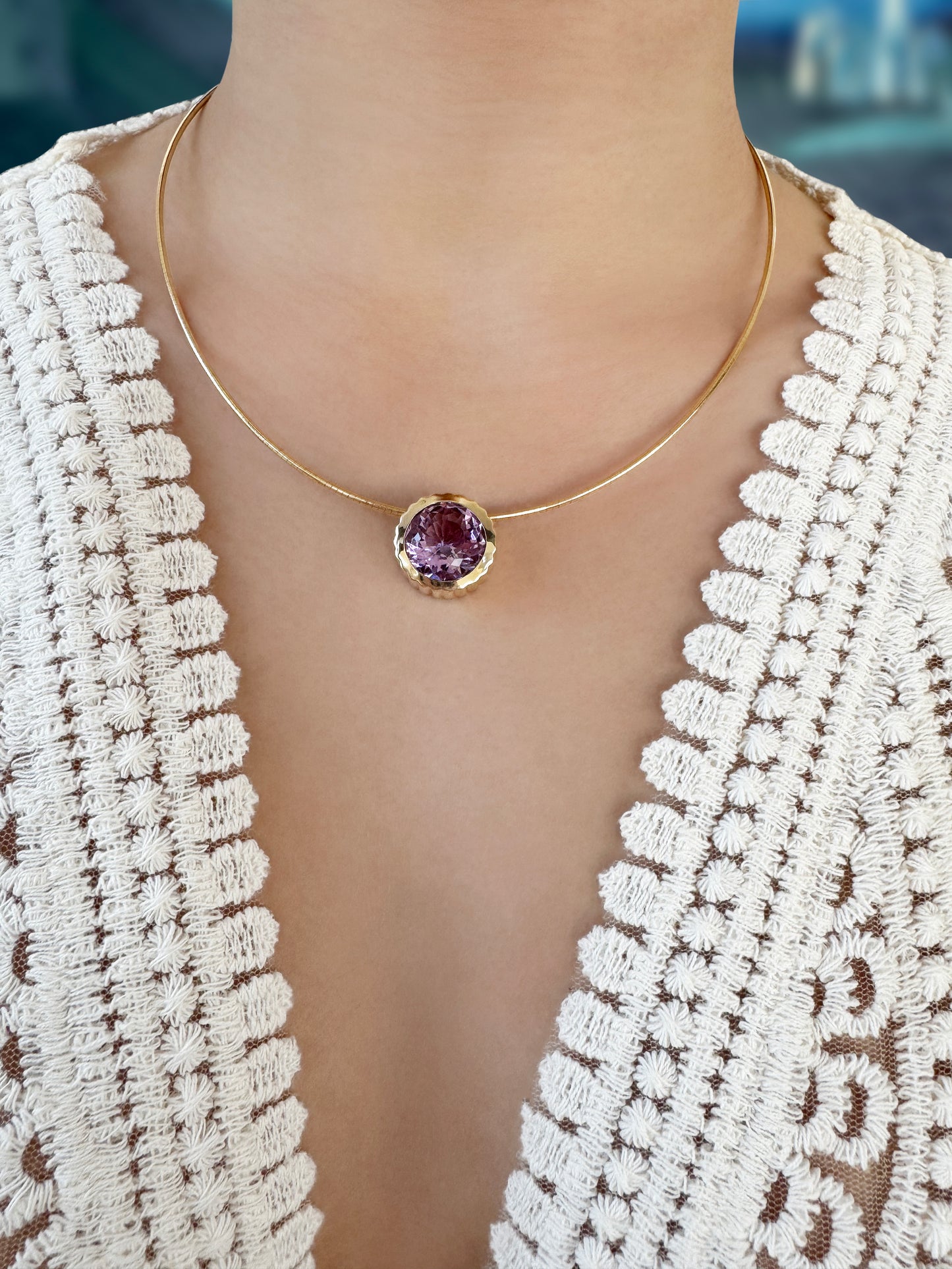 Sig Ward Jewelry 14K YG Round Amethyst Omega Necklace featuring a vibrant round amethyst gemstone set in polished yellow gold with a sleek omega necklace design for a refined luxury jewelry look.