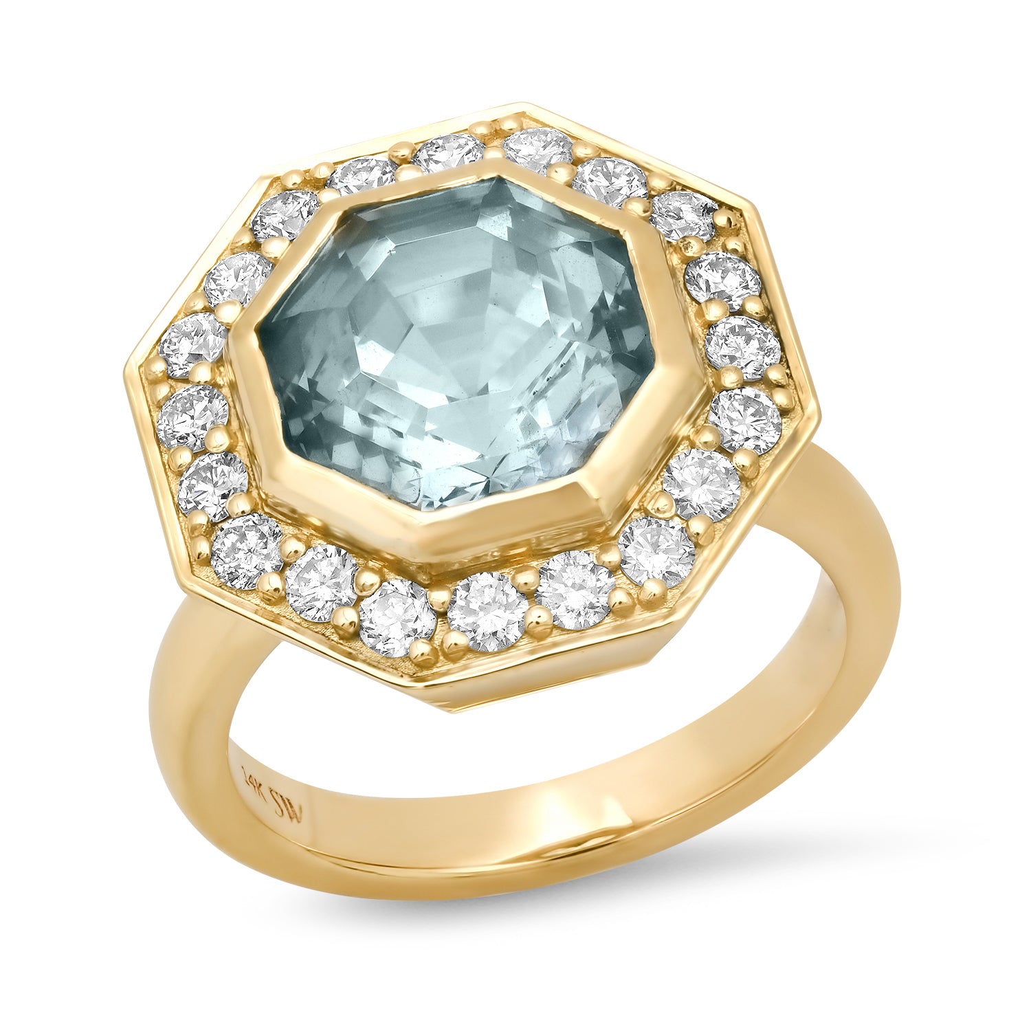 Sig Ward Jewelry Lifestyle Featuring The 14K Yellow Gold Brazilian Aquamarine And Diamond Bia Ring With A Brazilian Aquamarine Center Stone And Diamond Accents.