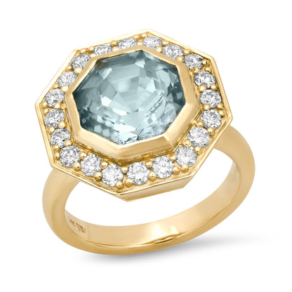 Sig Ward Jewelry Lifestyle Featuring The 14K Yellow Gold Brazilian Aquamarine And Diamond Bia Ring With A Brazilian Aquamarine Center Stone And Diamond Accents.