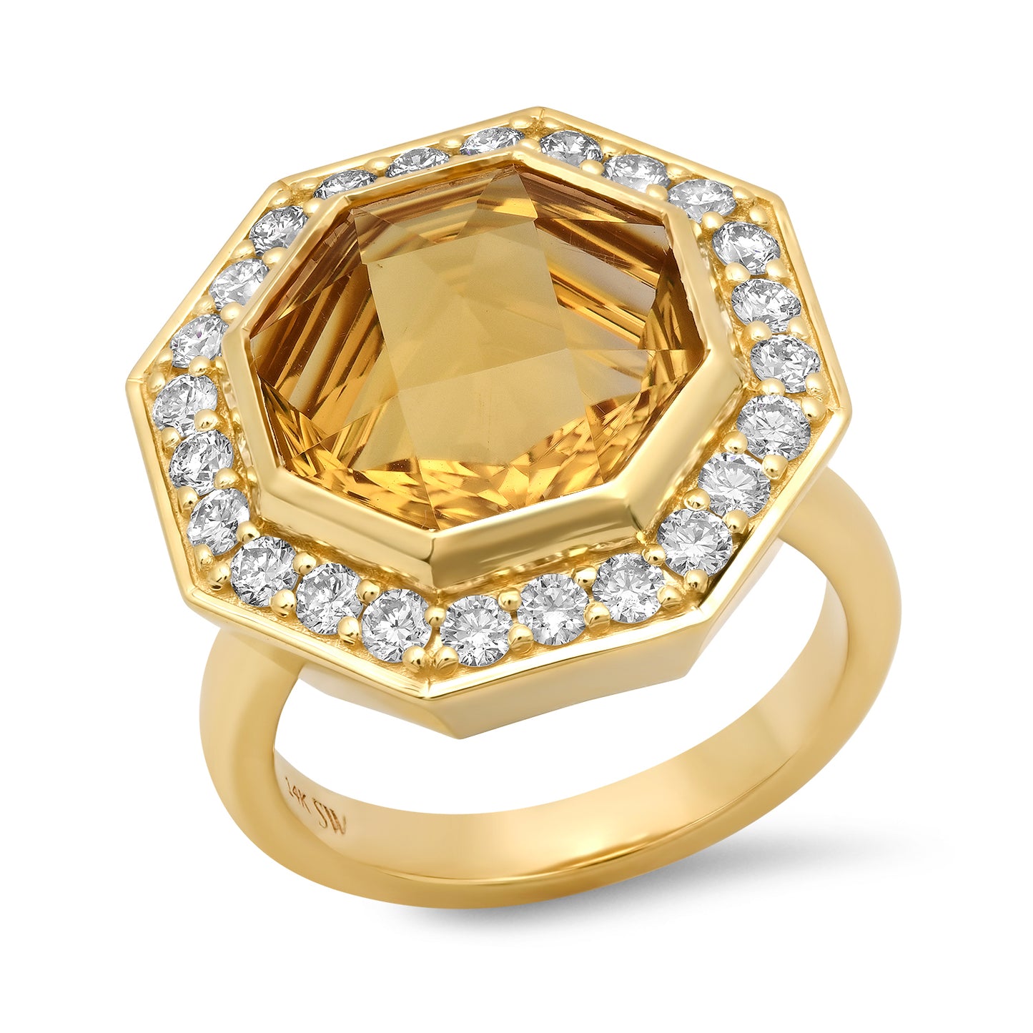Sig Ward Jewelry Lifestyle Front View Of The 14K Yellow Gold Citrine And Diamond Bia Ring Showcasing The Citrine Center Stone, Diamond Accents, And Fine Craftsmanship.