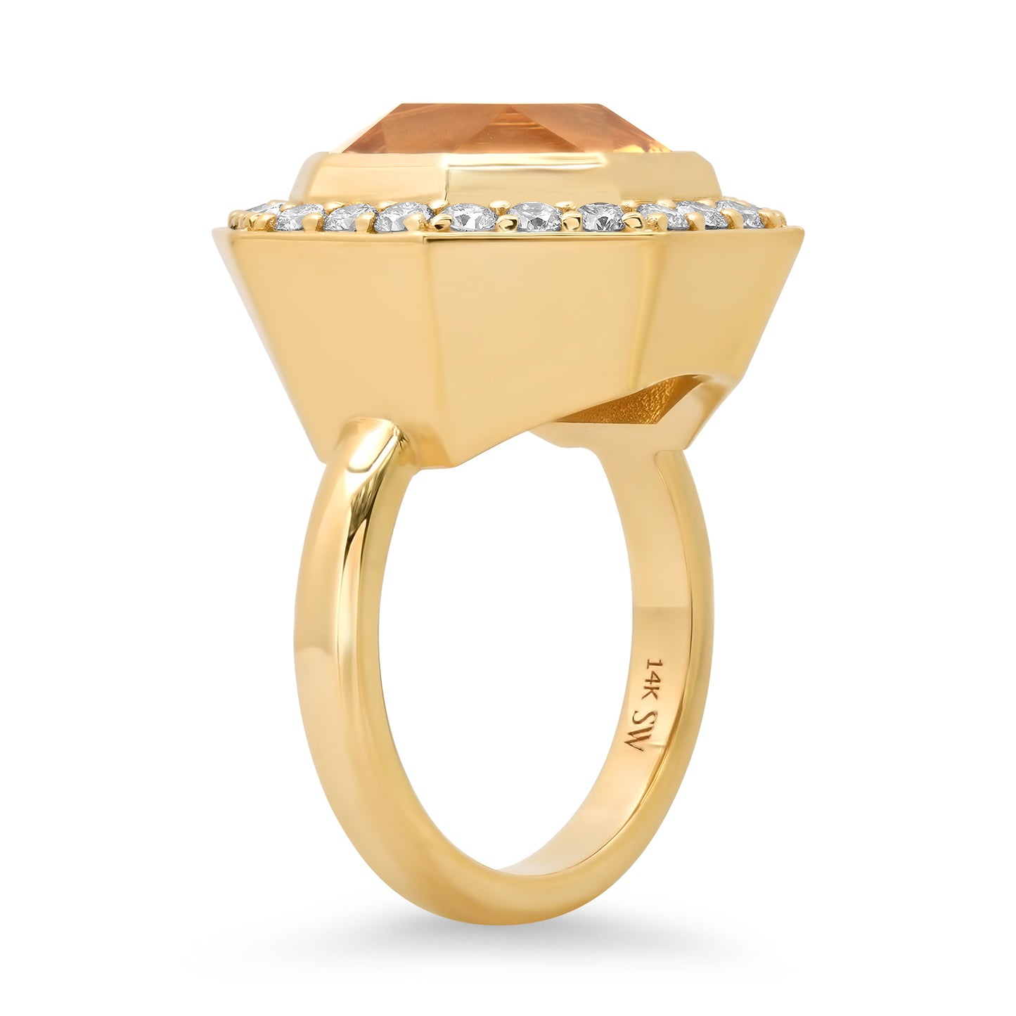 Sig Ward Jewelry Lifestyle Side View Of The 14K Yellow Gold Citrine And Diamond Bia Ring Showcasing The Citrine Center Stone, Diamond Accents, And Fine Craftsmanship.