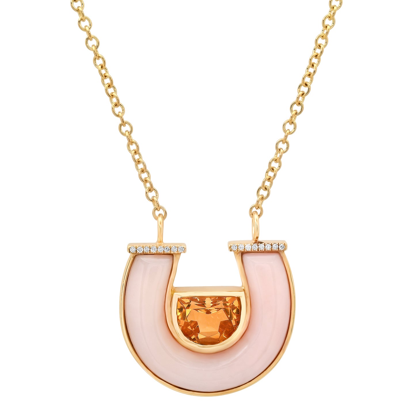 Sig Ward Jewelry Lifestyle Featuring The 14K Yellow Gold Jumbo Citrine, Pink Opal And Diamond Horseshoe Necklace With Vibrant Gemstones And Diamond Accents Crafted In A Modern Heirloom Design.