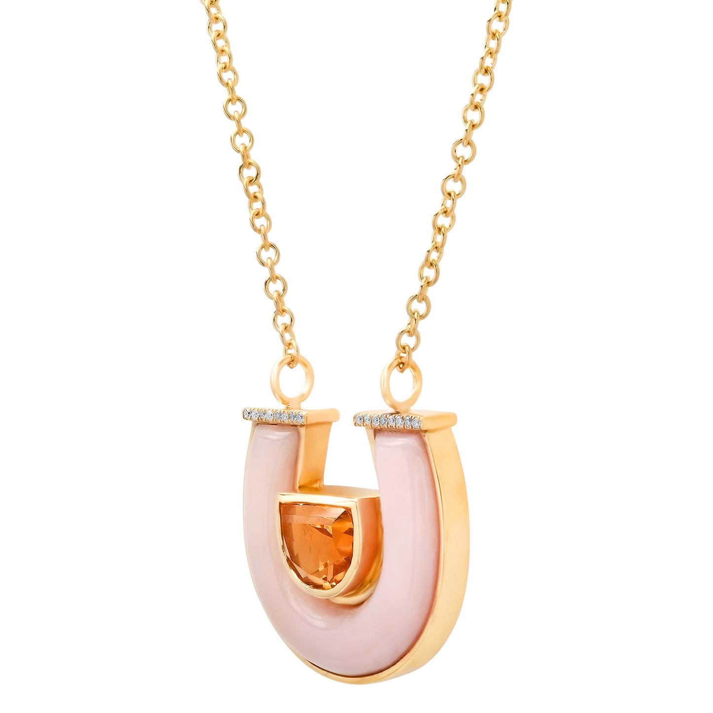 Sig Ward Jewelry Lifestyle Featuring The 14K Yellow Gold Jumbo Citrine, Pink Opal And Diamond Horseshoe Necklace With Vibrant Gemstones And Diamond Accents Crafted In A Modern Heirloom Design.