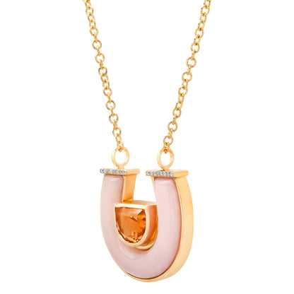 Sig Ward Jewelry Lifestyle Featuring The 14K Yellow Gold Jumbo Citrine, Pink Opal And Diamond Horseshoe Necklace With Vibrant Gemstones And Diamond Accents Crafted In A Modern Heirloom Design.