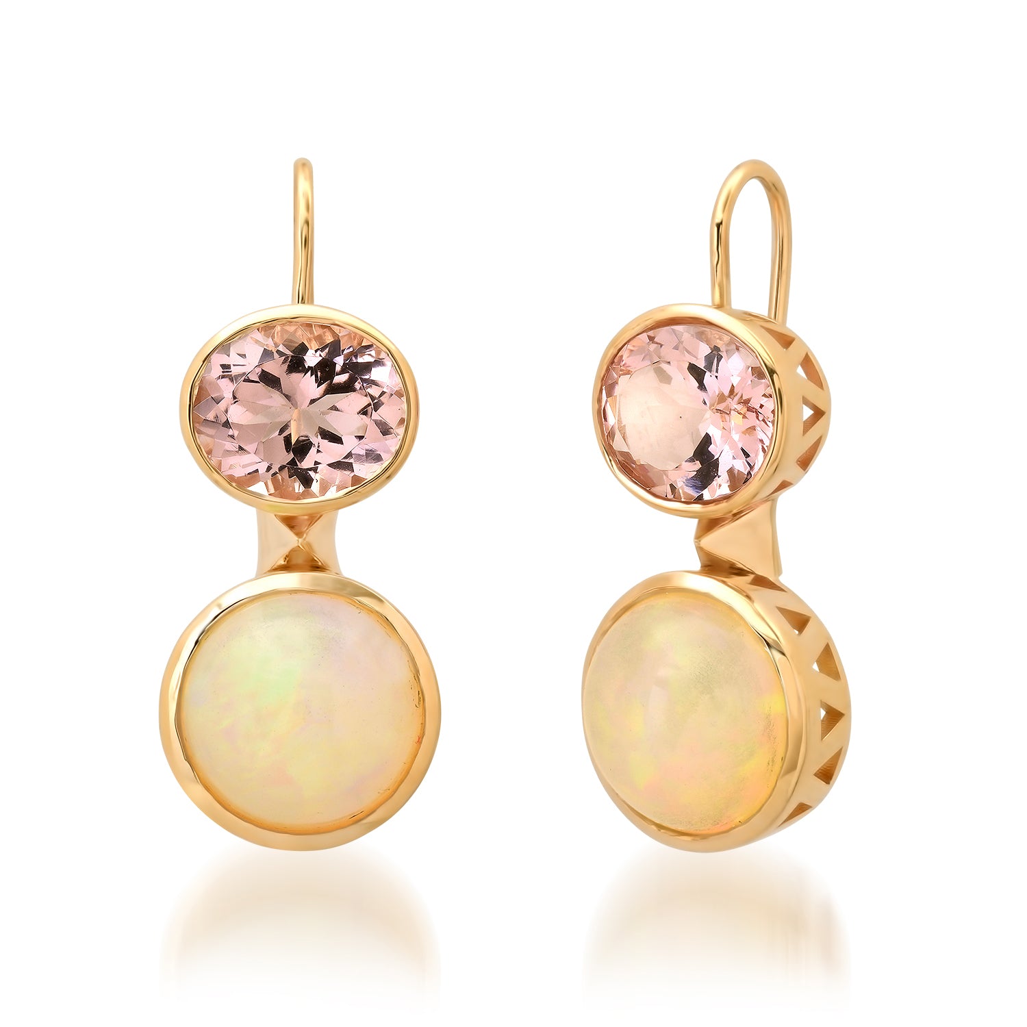 Sig Ward Jewelry Lifestyle Featuring The 14K Yellow Gold Opal And Morganite Duo Earrings Showcasing Vibrant Opal And Morganite Gemstones In A Modern Heirloom Design.
