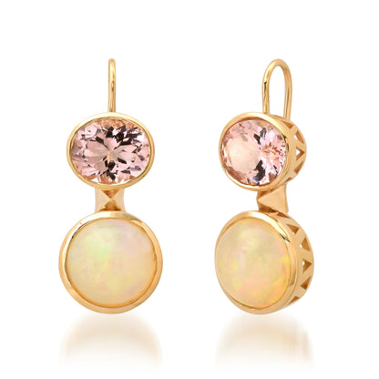 Sig Ward Jewelry Lifestyle Featuring The 14K Yellow Gold Opal And Morganite Duo Earrings Showcasing Vibrant Opal And Morganite Gemstones In A Modern Heirloom Design.