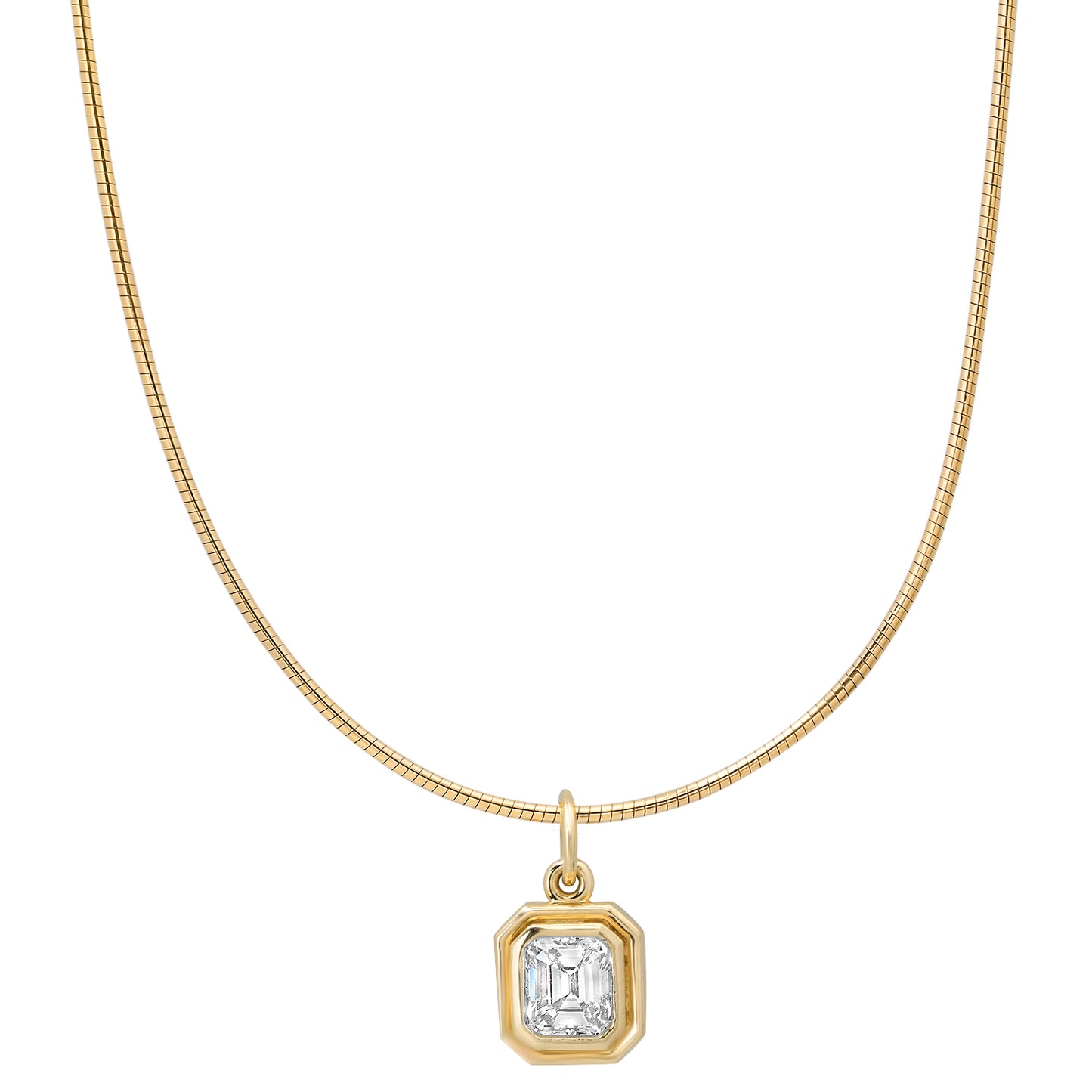 Sig Ward Jewelry 14K YG Omega Asscher Cut Diamond Solitaire Collar close-up showcasing an Asscher cut diamond solitaire in a refined yellow gold Omega setting.