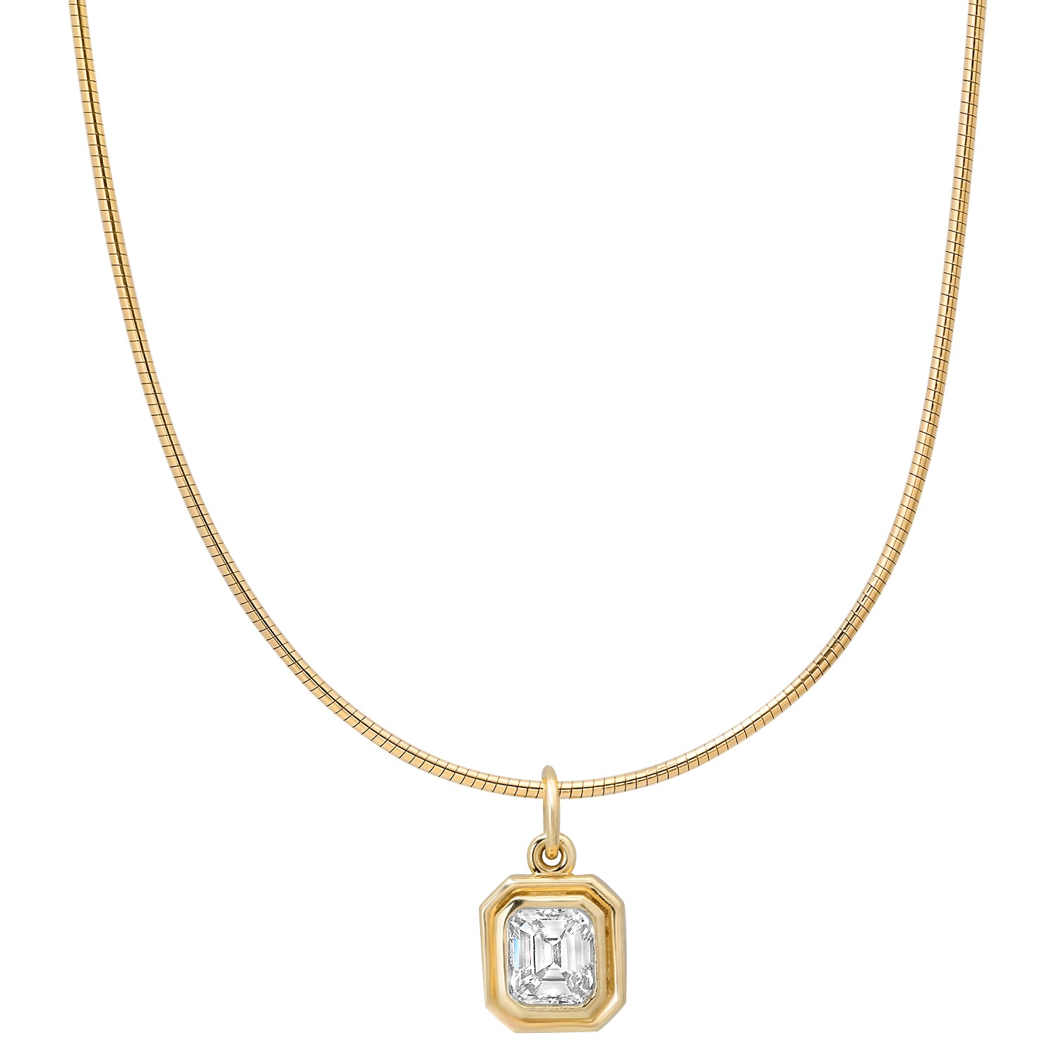 Sig Ward Jewelry 14K YG Omega Asscher Cut Diamond Solitaire Collar close-up showcasing an Asscher cut diamond solitaire in a refined yellow gold Omega setting.
