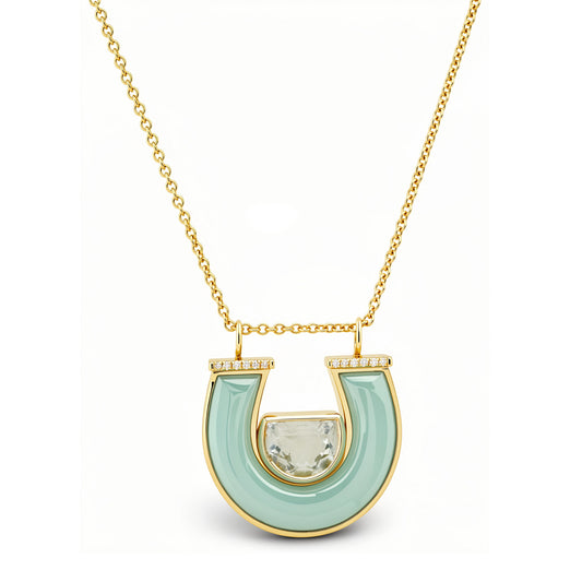14K YG Jumbo Prasolite, Chrysoprase and Diamond Horseshoe Necklace