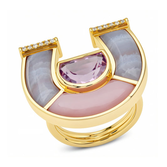 Horeshoe ring with Lace Agate, Pink Opal and Diamond
