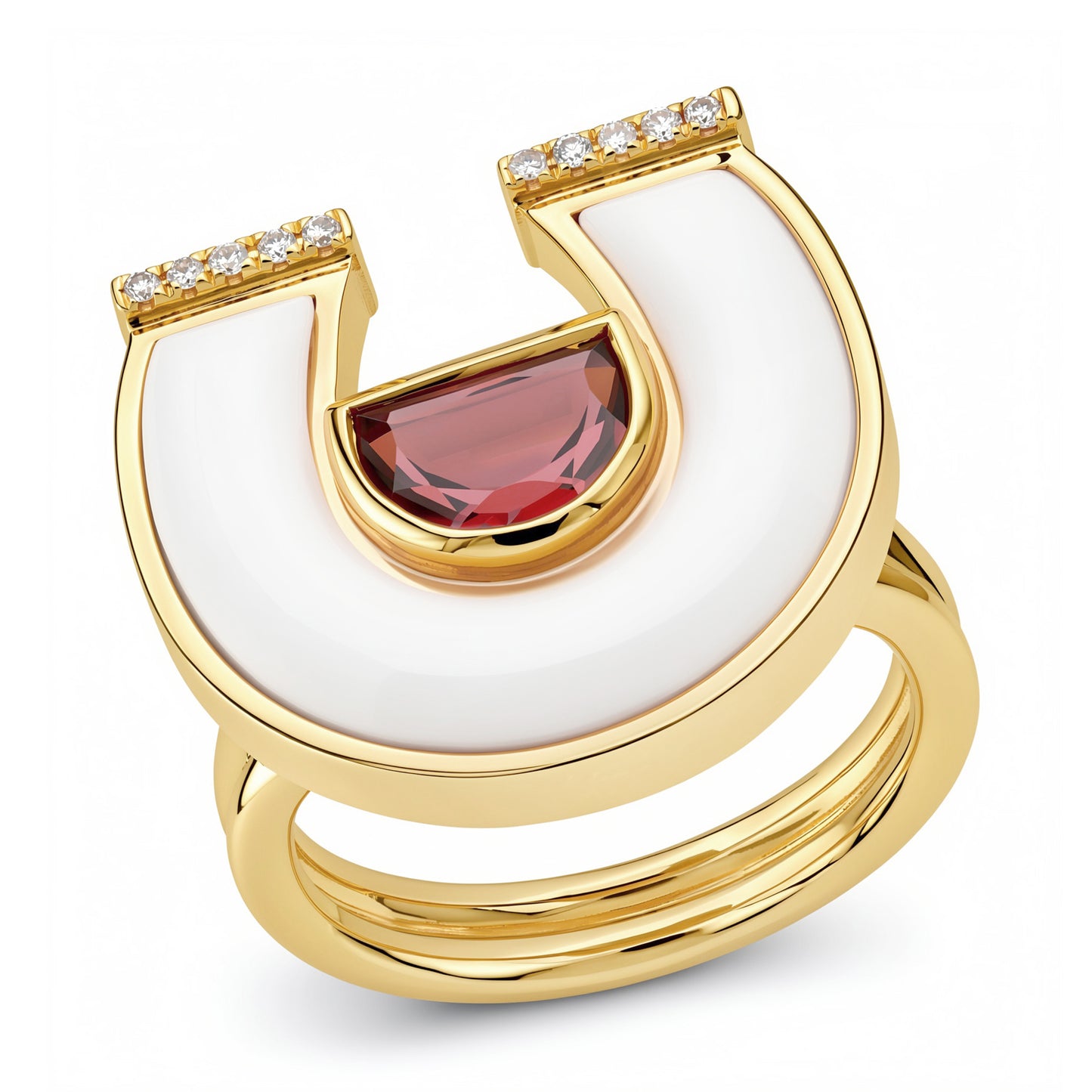 14K YG Garnet, White Agate and Diamond Horseshoe Ring