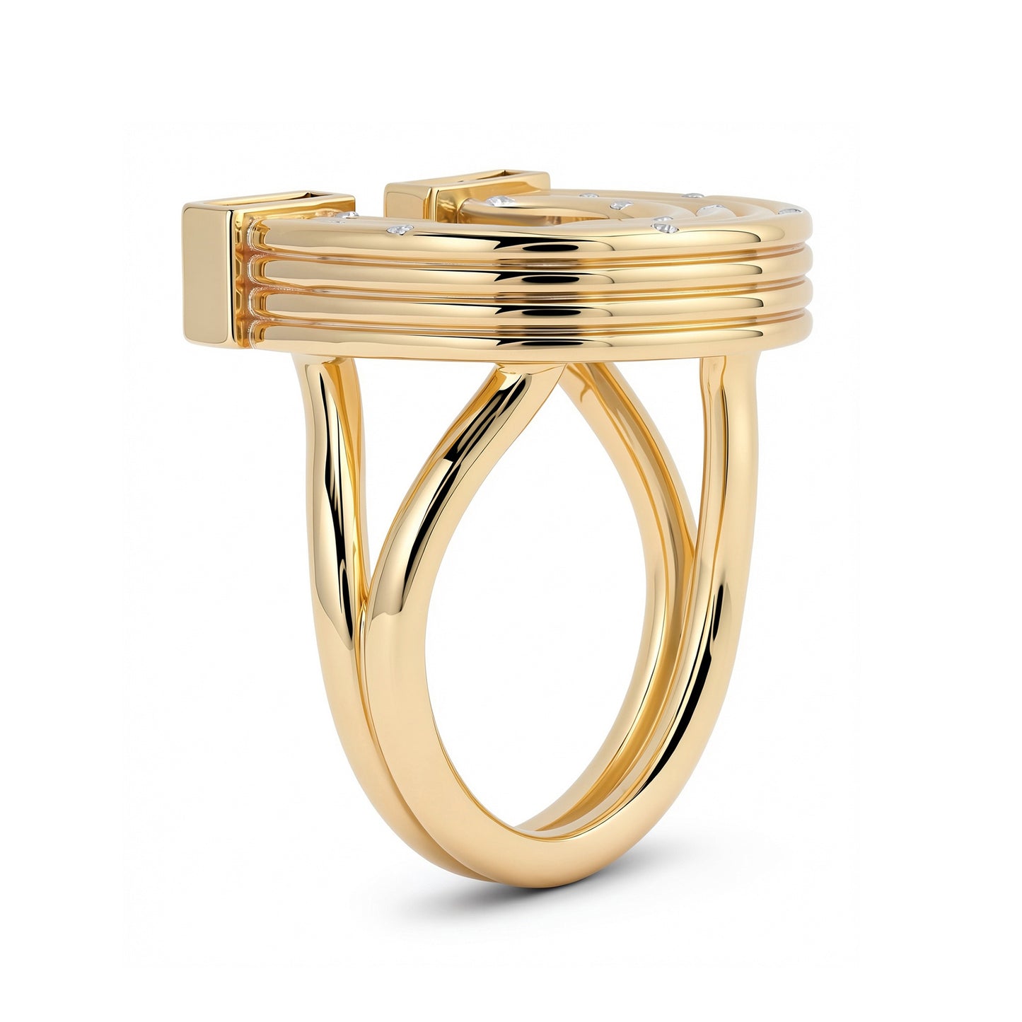 Sig Ward Jewelry 14K Yellow Gold Horseshoe ring with diamond on white background