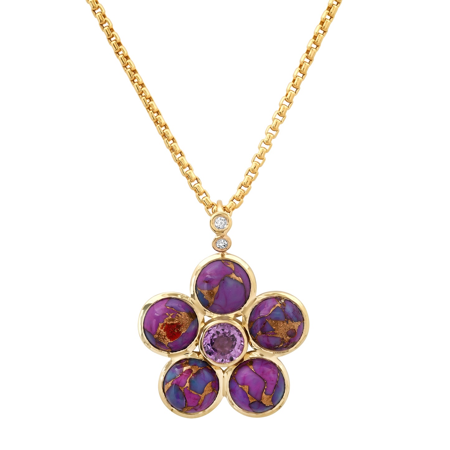 14K Copper Turquoise, Purple Sapphire and Diamond Blossom Necklace by Sig Ward Jewelry lifestyle image showcasing the elegant luxury gemstone necklace design.
