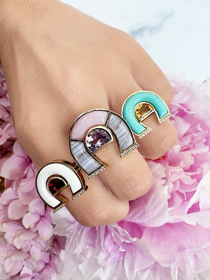 Sig Ward Jewelry 14K Yellow Gold Citrine, Minty Turquoise, Gold Garnet, White Agate, Medium Amethyst, Pink Opal, Lace Agate and Diamond Horseshoe Ring on model