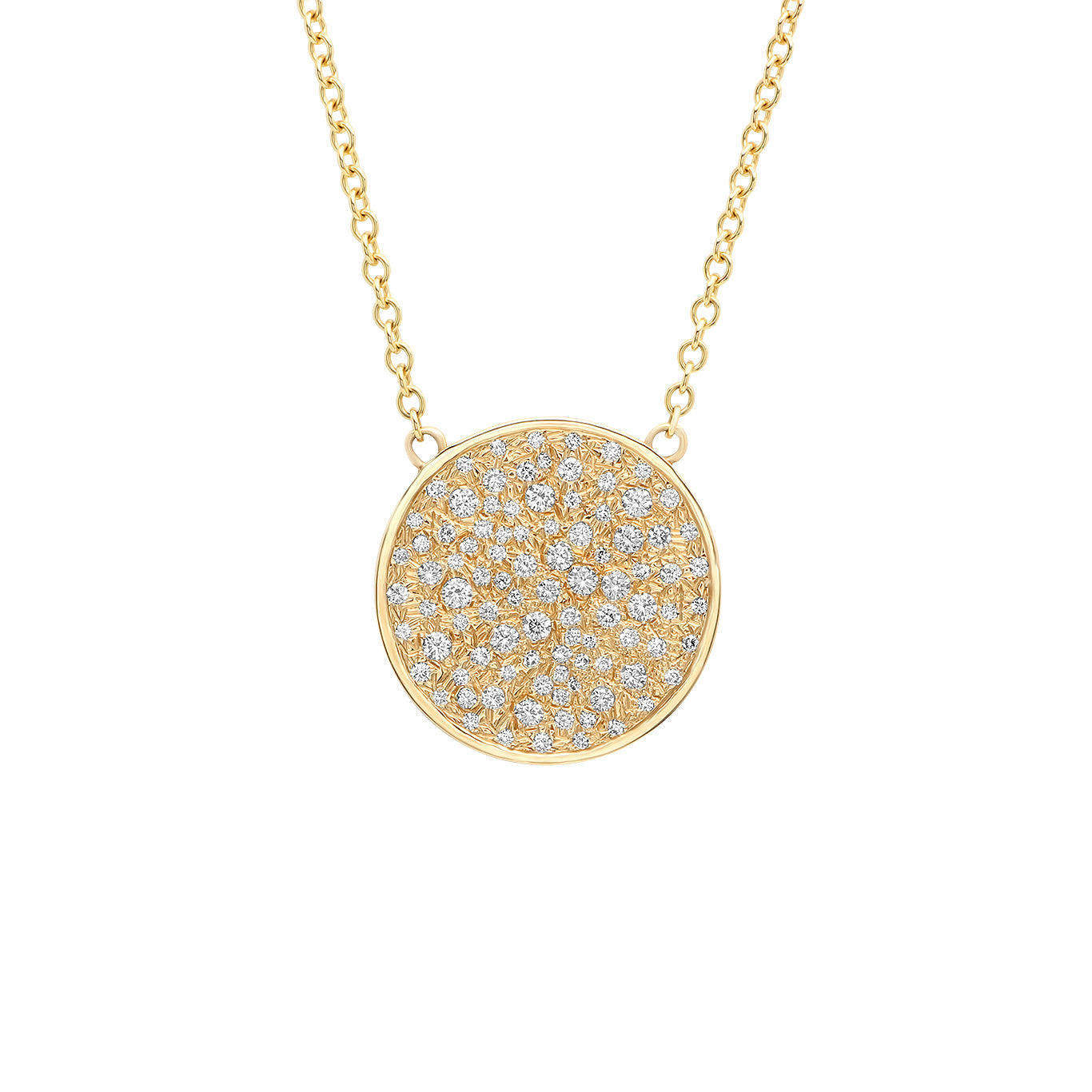 Close-up view of the Sig Ward Jewelry 14K Small Diamond Disc Necklace featuring a polished yellow gold disc pendant accented with brilliant diamonds for a timeless, minimalist everyday design.