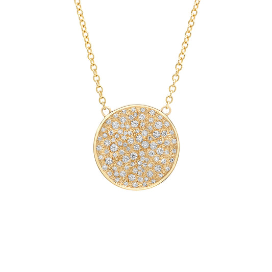 Close-up view of the Sig Ward Jewelry 14K Small Diamond Disc Necklace featuring a polished yellow gold disc pendant accented with brilliant diamonds for a timeless, minimalist everyday design.