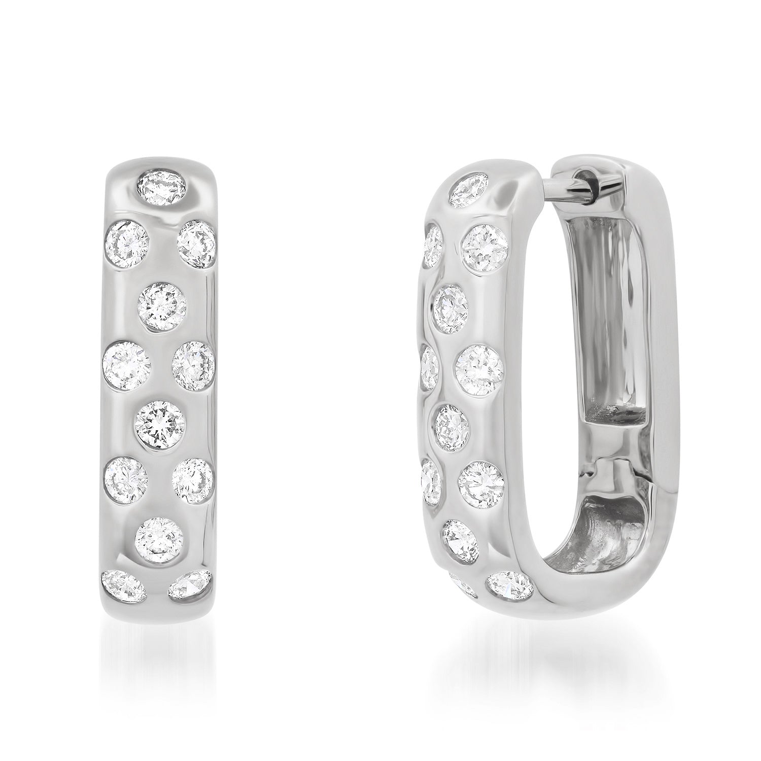 Sig Ward Jewelry 14K WG Maven Scattered Diamond Huggies featuring scattered round brilliant diamonds set in polished 14K white gold huggie hoop earrings.