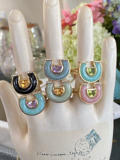14K Yellow Gold Horseshoe Ring Featuring Amethyst, Chrysoprase, And Diamond Accents By Sig Ward Jewelry.