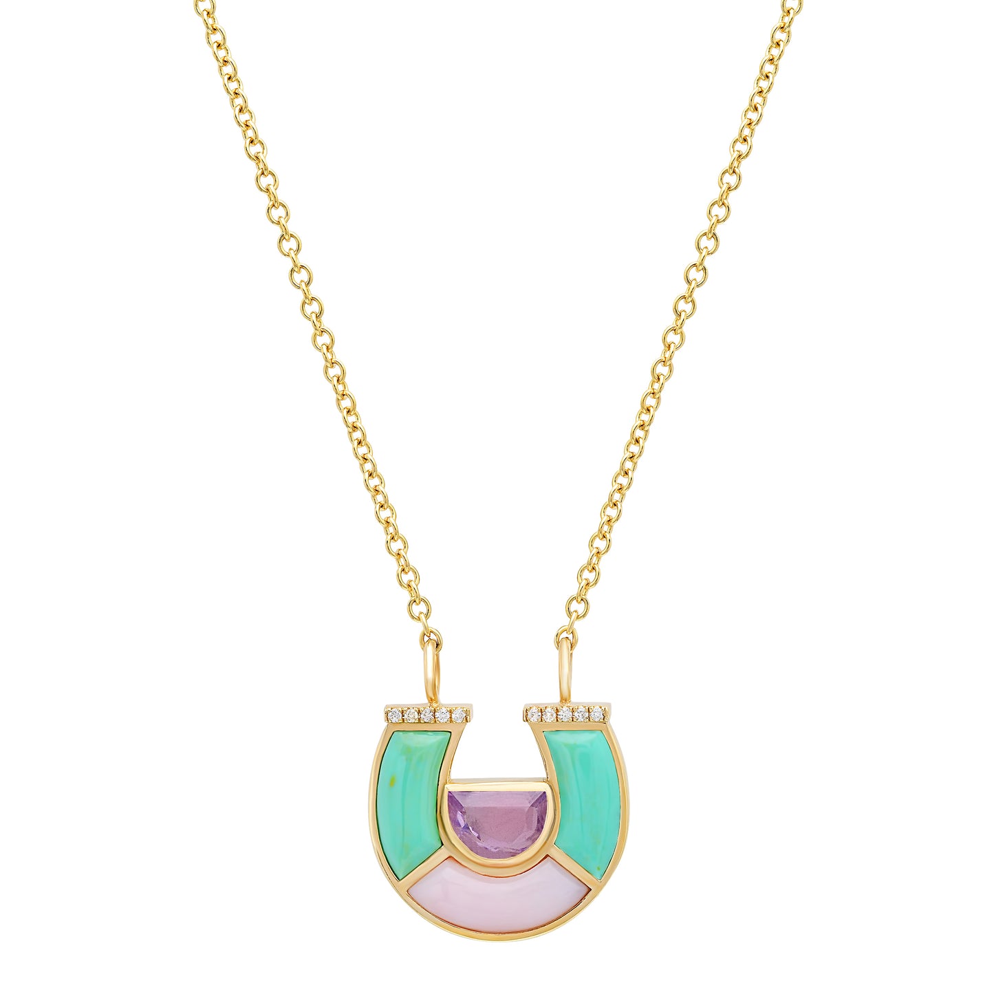 Sig Ward Jewelry 14K Yellow Gold Amethyst, Minty Turquoise, Pink Opal and Diamond Horseshoe Necklace featuring natural amethyst, minty turquoise, pink opal, and diamond accents in an elegant horseshoe pendant.