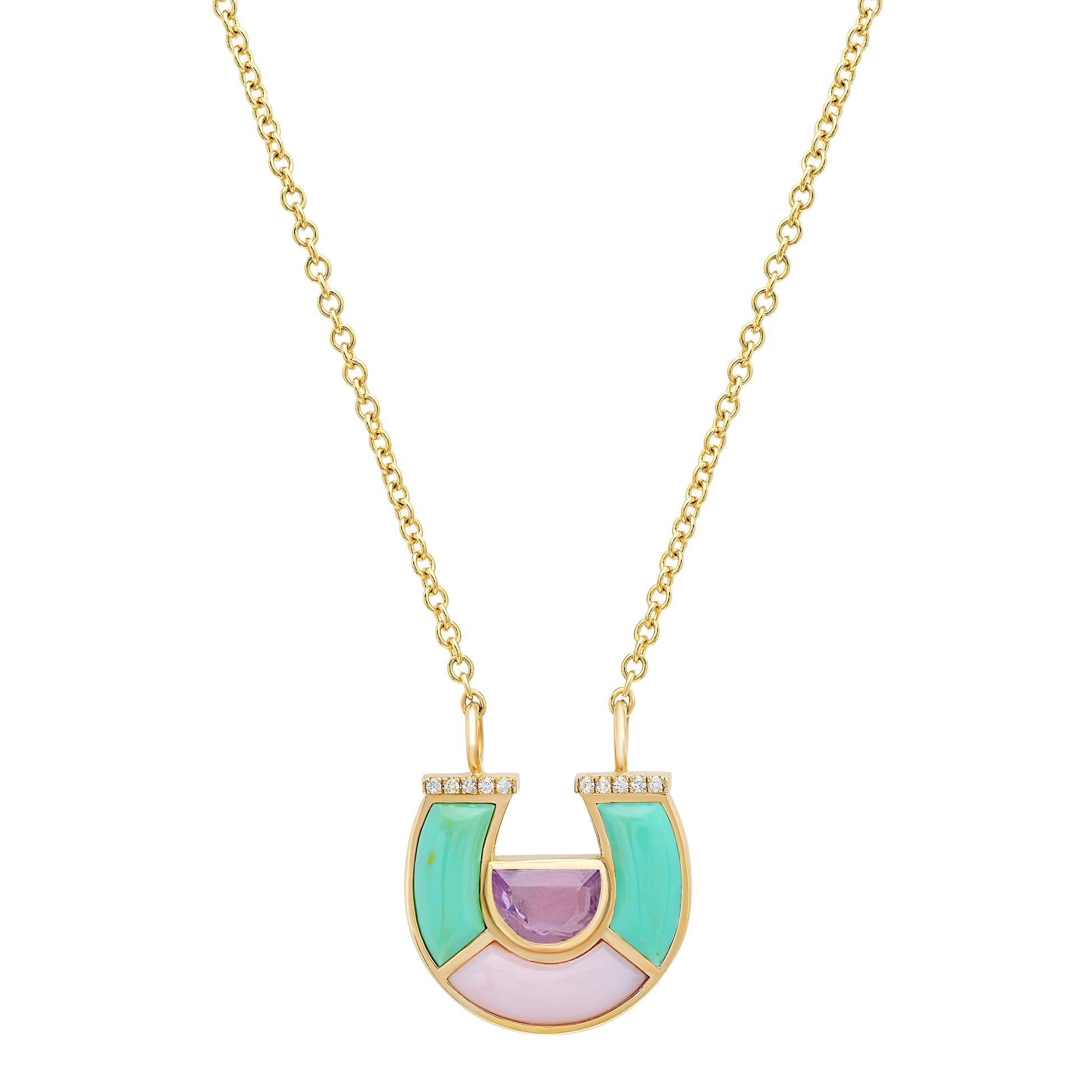 Sig Ward Jewelry 14K Yellow Gold Amethyst, Minty Turquoise, Pink Opal and Diamond Horseshoe Necklace featuring natural amethyst, minty turquoise, pink opal, and diamond accents in an elegant horseshoe pendant.