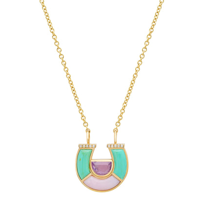 Sig Ward Jewelry 14K Yellow Gold Amethyst, Minty Turquoise, Pink Opal and Diamond Horseshoe Necklace featuring natural amethyst, minty turquoise, pink opal, and diamond accents in an elegant horseshoe pendant.
