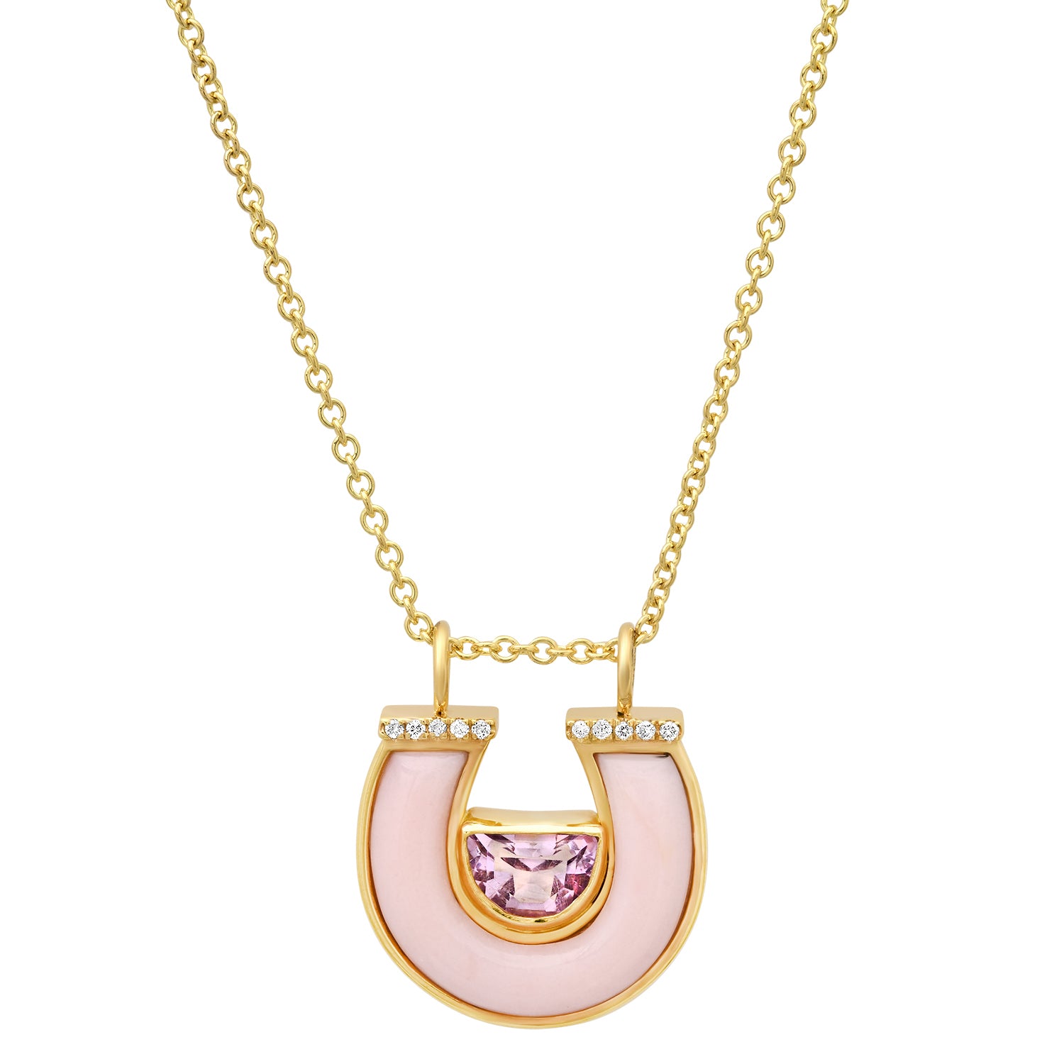 Sig Ward Jewelry 14K Yellow Gold Amethyst, Pink Opal and Diamond Horseshoe Necklace
