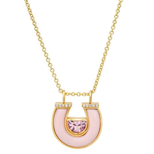 Sig Ward Jewelry 14K Yellow Gold Amethyst, Pink Opal and Diamond Horseshoe Necklace