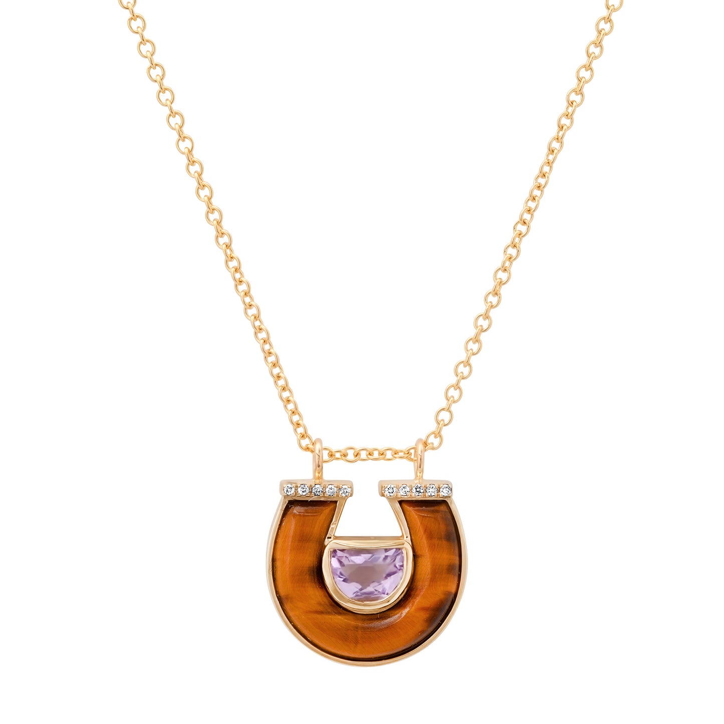 14K Yellow Gold Horseshoe Necklace Featuring Amethyst, Tiger's Eye, And Diamond Accents By Sig Ward Jewelry.