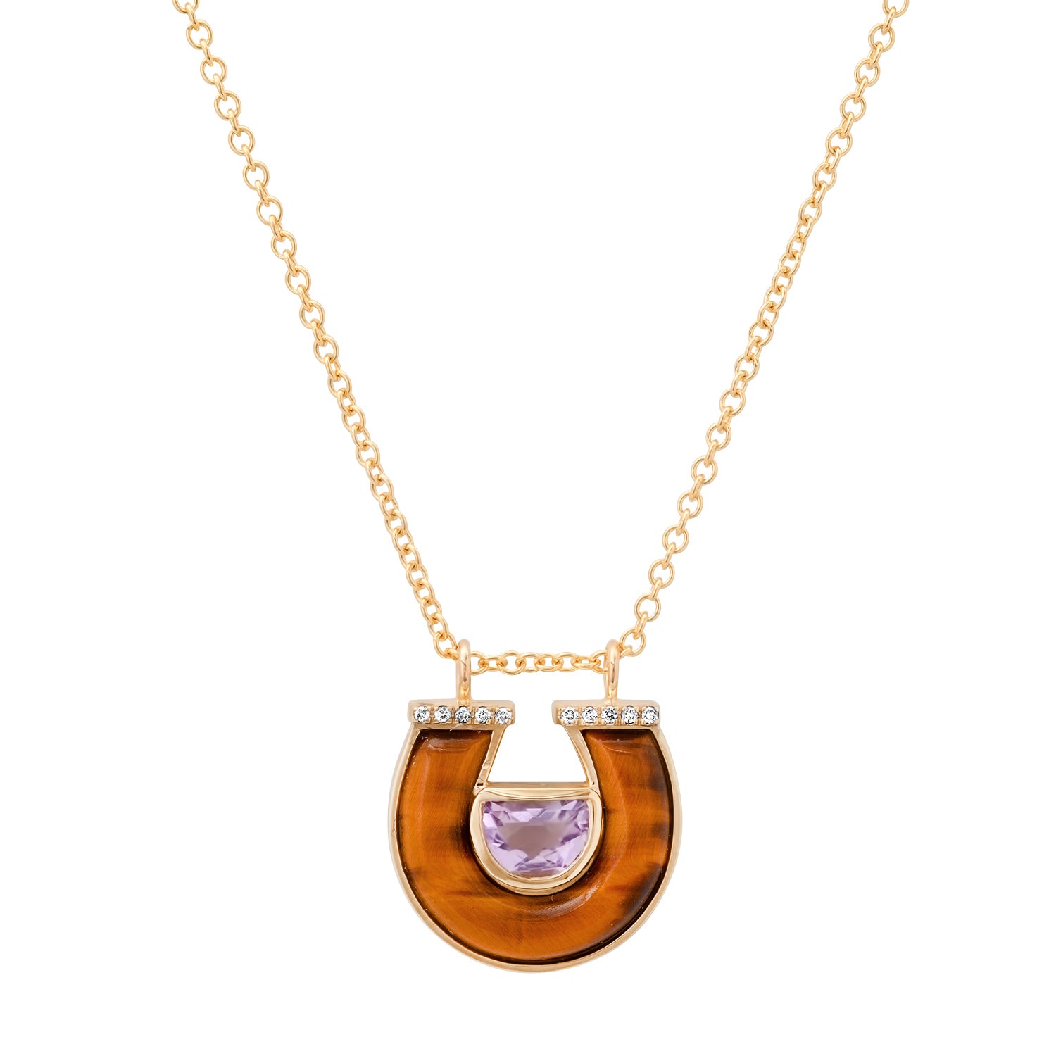14K Yellow Gold Horseshoe Necklace Featuring Amethyst, Tiger's Eye, And Diamond Accents By Sig Ward Jewelry.