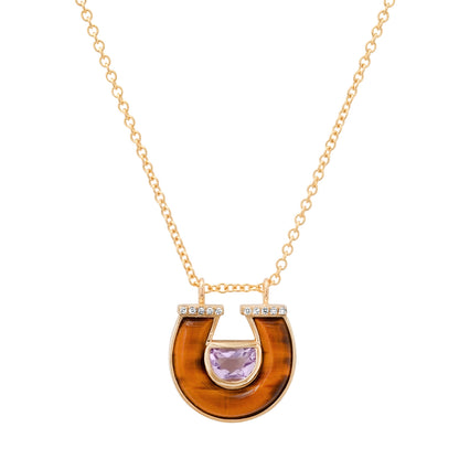 14K Yellow Gold Horseshoe Necklace Featuring Amethyst, Tiger's Eye, And Diamond Accents By Sig Ward Jewelry.