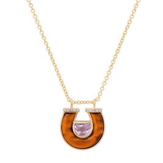 14K Yellow Gold Horseshoe Necklace Featuring Amethyst, Tiger's Eye, And Diamond Accents By Sig Ward Jewelry.