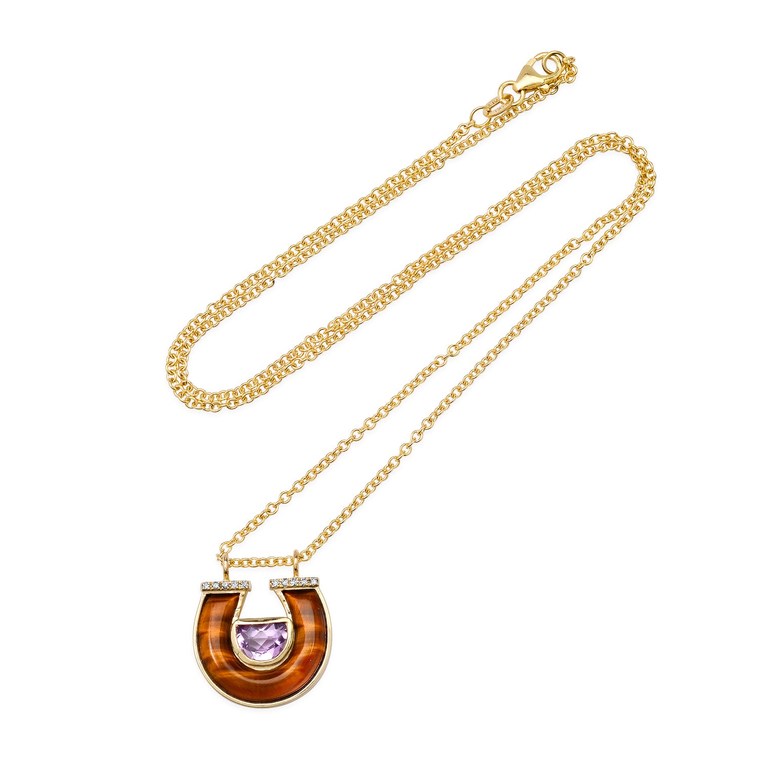 14K Yellow Gold Horseshoe Necklace Featuring Amethyst, Tiger's Eye, And Diamond Accents By Sig Ward Jewelry.