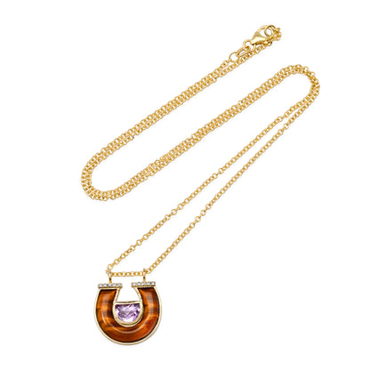 14K Yellow Gold Horseshoe Necklace Featuring Amethyst, Tiger's Eye, And Diamond Accents By Sig Ward Jewelry.
