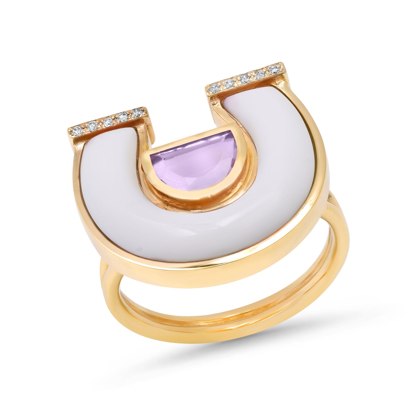 Front view of the 14K yellow gold Amethyst, White Agate, and Diamond Horseshoe Ring by Sig Ward Jewelry, featuring a natural amethyst gemstone, white agate inlay, and diamond accents in an elegant horseshoe-inspired design.