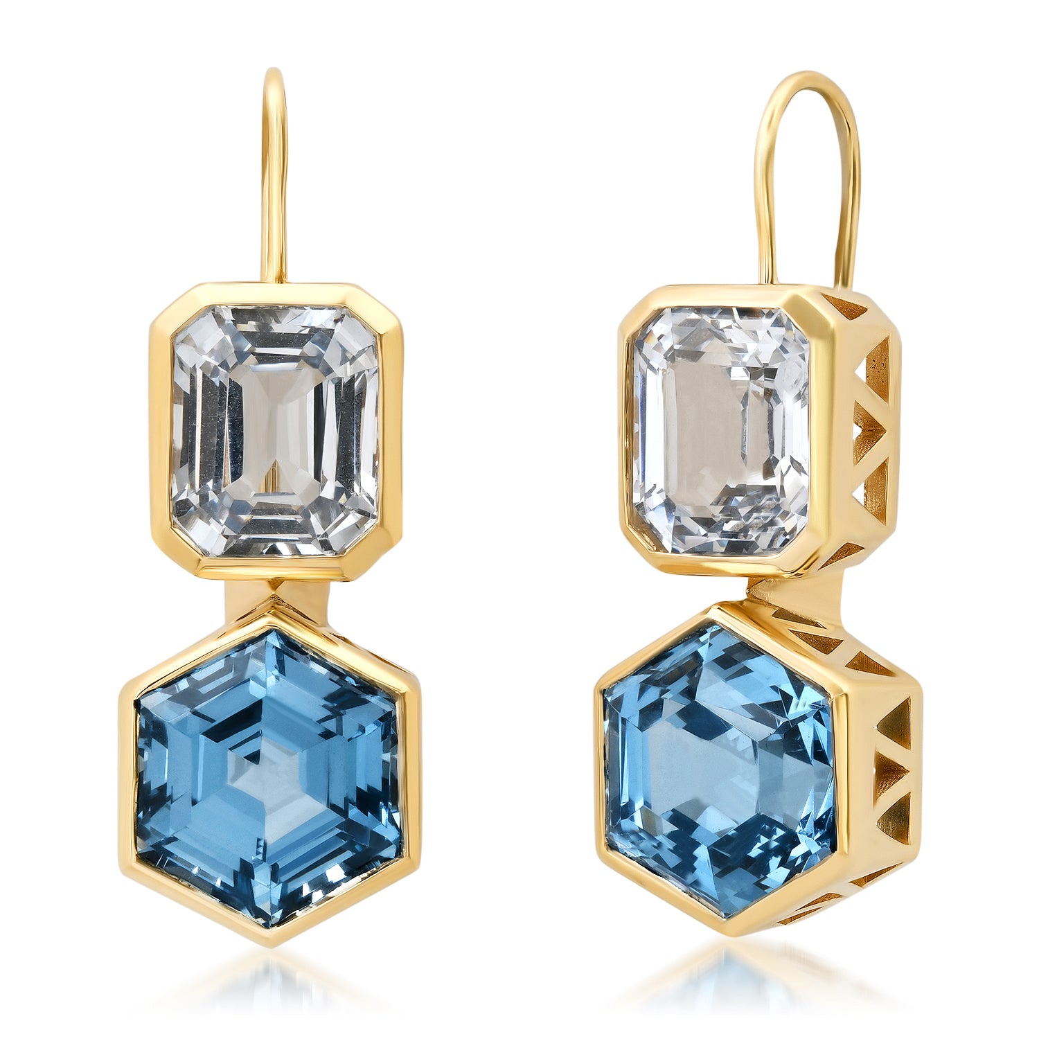 Sig Ward Jewelry 14K yellow gold Aquamarine and Topaz Duo Earrings featuring natural aquamarine and topaz gemstones in a handcrafted luxury fine jewelry design inspired by modern heirlooms.