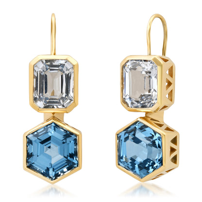 Sig Ward Jewelry 14K yellow gold Aquamarine and Topaz Duo Earrings featuring natural aquamarine and topaz gemstones in a handcrafted luxury fine jewelry design inspired by modern heirlooms.