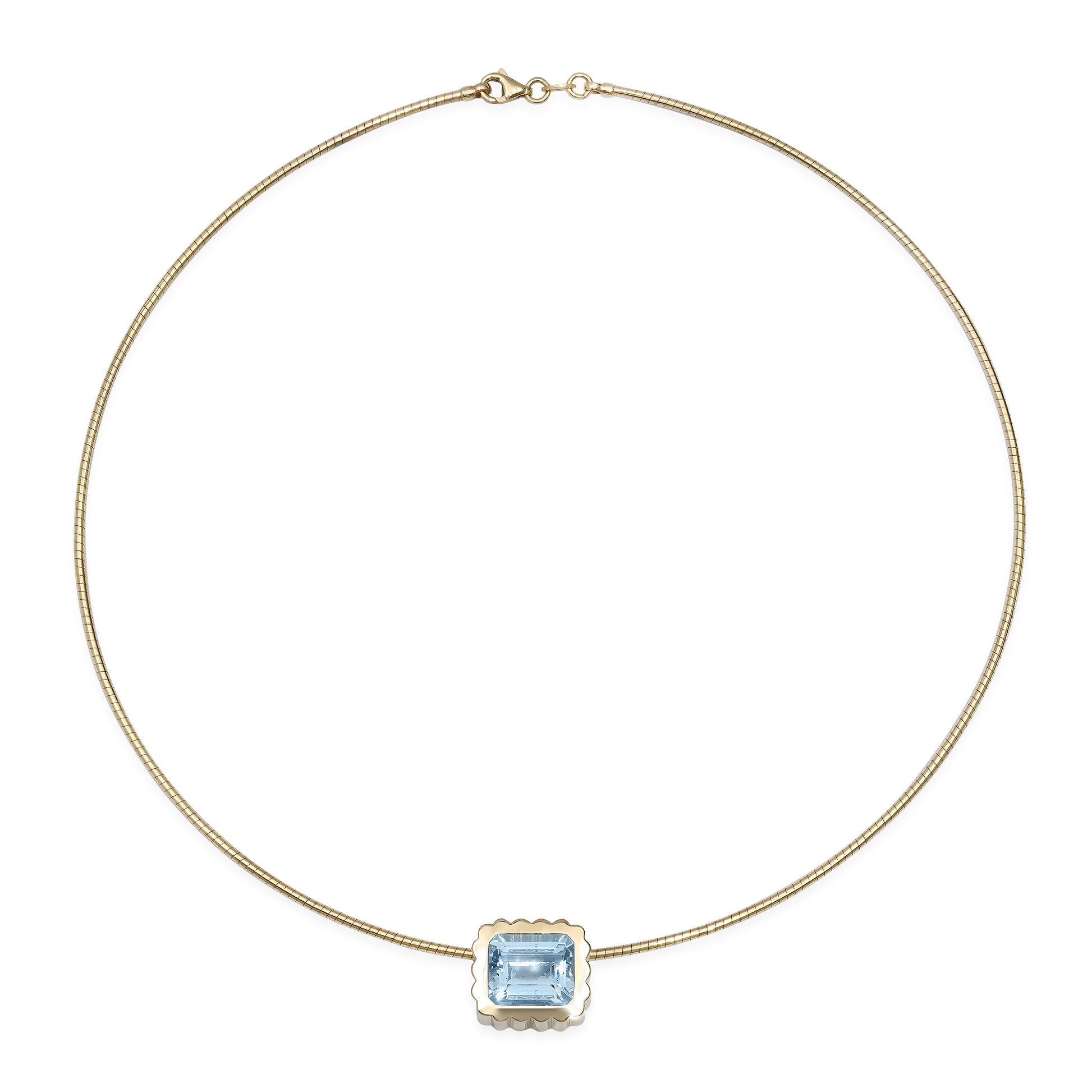 Sig Ward Jewelry 14K yellow gold Aquamarine Omega Choker Necklace featuring a natural aquamarine gemstone on a sleek omega collar for modern luxury and timeless elegance.