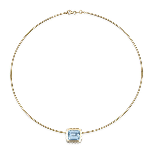 Sig Ward Jewelry 14K yellow gold Aquamarine Omega Choker Necklace featuring a natural aquamarine gemstone on a sleek omega collar for modern luxury and timeless elegance.