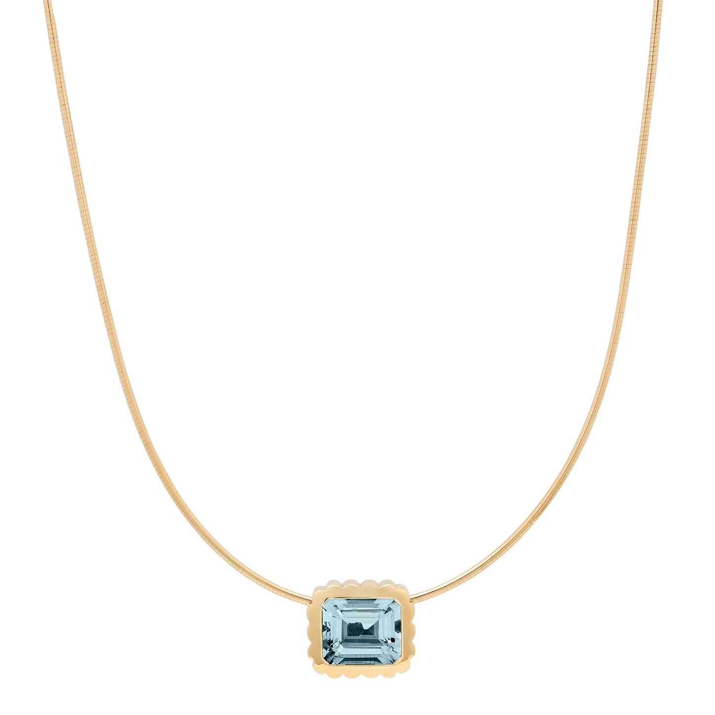 Sig Ward Jewelry 14K YG Aquamarine Omega Necklace featuring a captivating aquamarine gemstone set in polished yellow gold with a sleek omega necklace design for an elegant luxury jewelry statement.