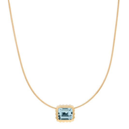 Sig Ward Jewelry 14K YG Aquamarine Omega Necklace featuring a captivating aquamarine gemstone set in polished yellow gold with a sleek omega necklace design for an elegant luxury jewelry statement.