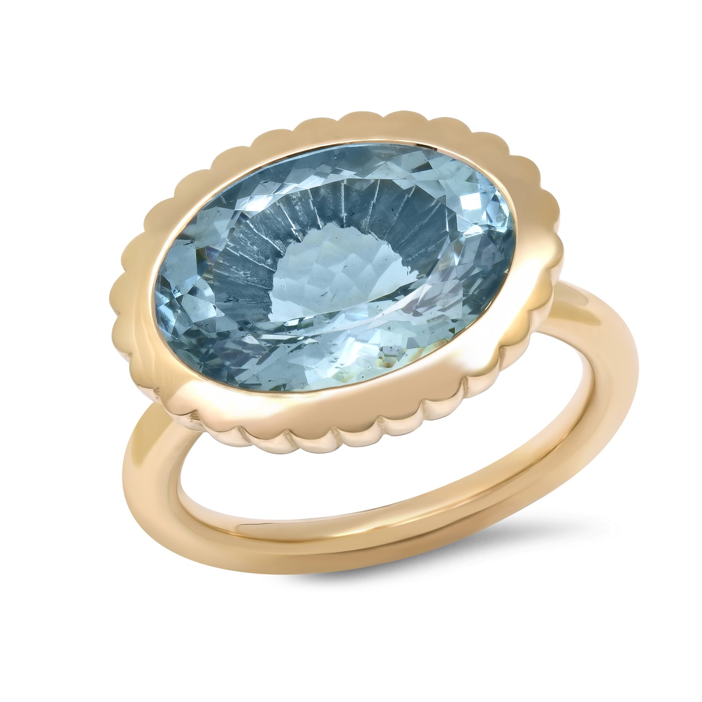 Front view of the 14K yellow gold Aquamarine Omega Ring by Sig Ward Jewelry, featuring a natural aquamarine gemstone in a modern sculptural Omega design.