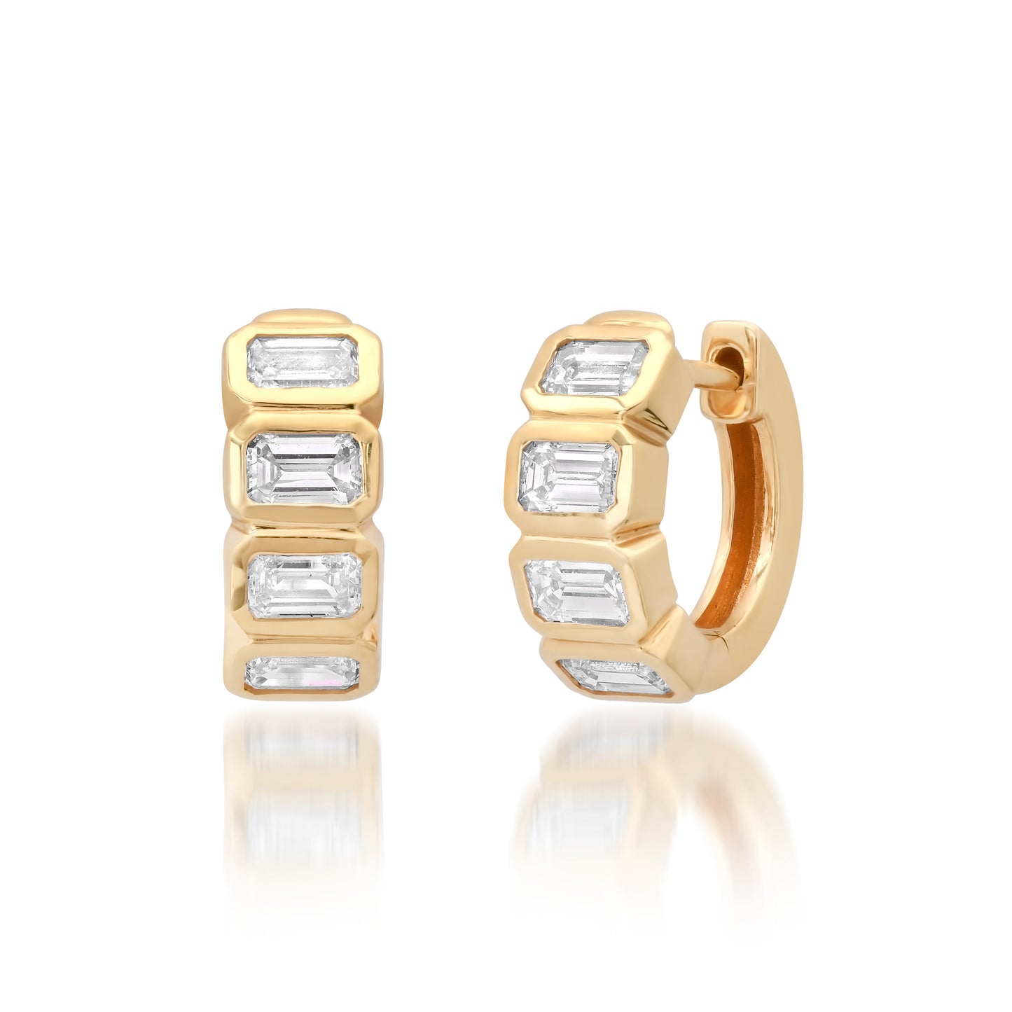 14K yellow gold Belle Emerald Cut Diamond Huggies by Sig Ward Jewelry, featuring natural emerald-cut diamonds in a refined and elegant huggie hoop earring design.