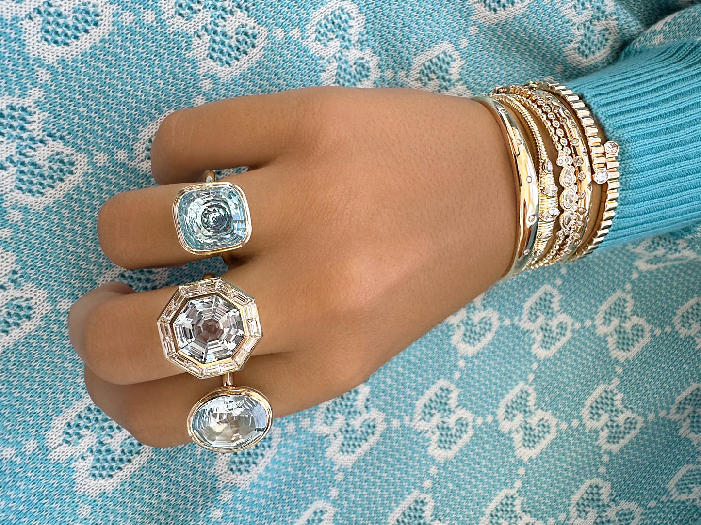 Sig Ward Jewelry 14K YG Bia Brazilian Aquamarine And Diamond Baguette Ring Nara Marquise And Pear Shaped Diamond Bangle on model