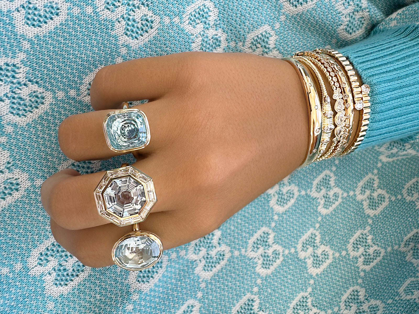 Sig Ward Jewelry 14K YG Bia Brazilian Aquamarine And Diamond Baguette Ring Nara Marquise And Pear Shaped Diamond Bangle on model