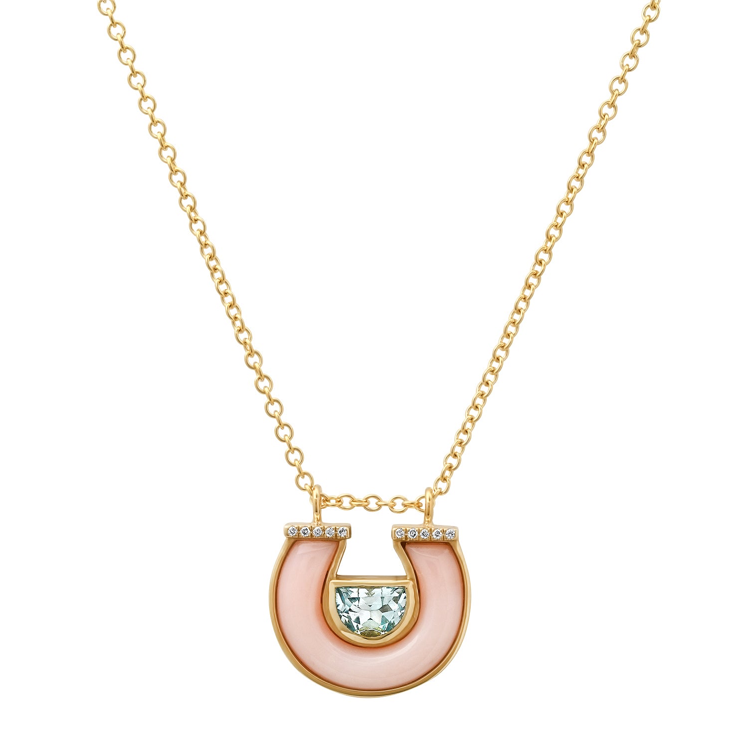 14K Yellow Gold Horseshoe Necklace Featuring Blue Topaz, Pink Opal, And Diamond Accents By Sig Ward Jewelry.