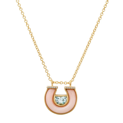 14K Yellow Gold Horseshoe Necklace Featuring Blue Topaz, Pink Opal, And Diamond Accents By Sig Ward Jewelry.