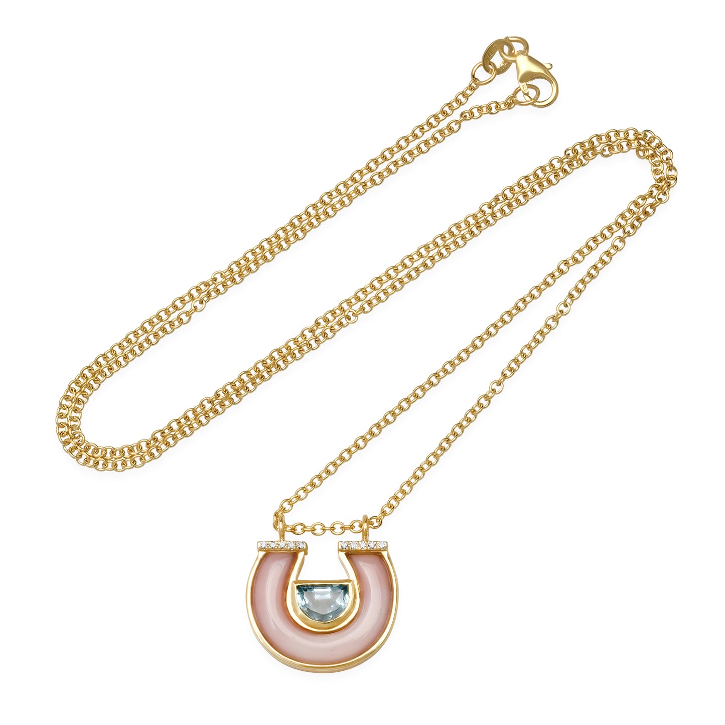 14K Yellow Gold Horseshoe Necklace Featuring Blue Topaz, Pink Opal, And Diamond Accents By Sig Ward Jewelry.