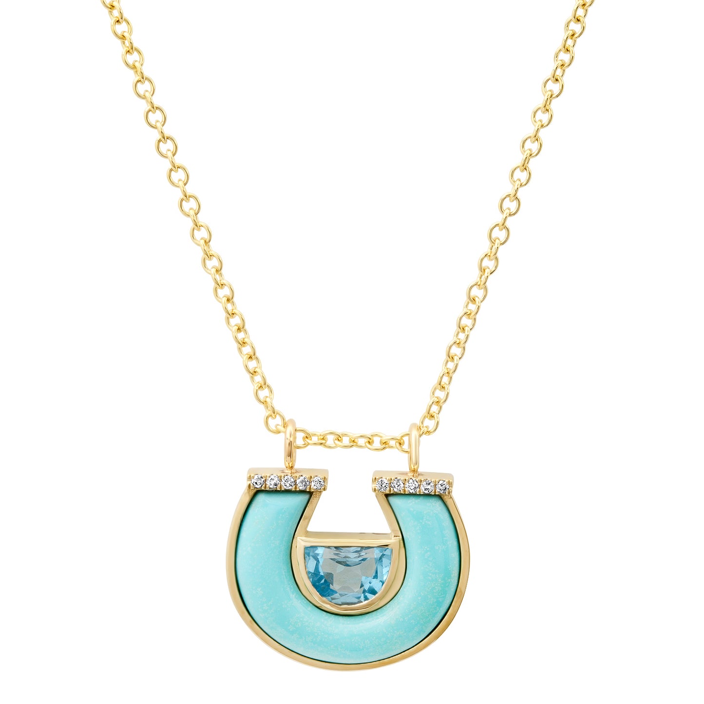 14K Yellow Gold Horseshoe Necklace Featuring Blue Topaz, Turquoise, And Diamond Accents By Sig Ward Jewelry.