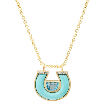 14K Yellow Gold Horseshoe Necklace Featuring Blue Topaz, Turquoise, And Diamond Accents By Sig Ward Jewelry.