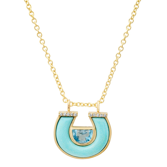 14K Yellow Gold Horseshoe Necklace Featuring Blue Topaz, Turquoise, And Diamond Accents By Sig Ward Jewelry.